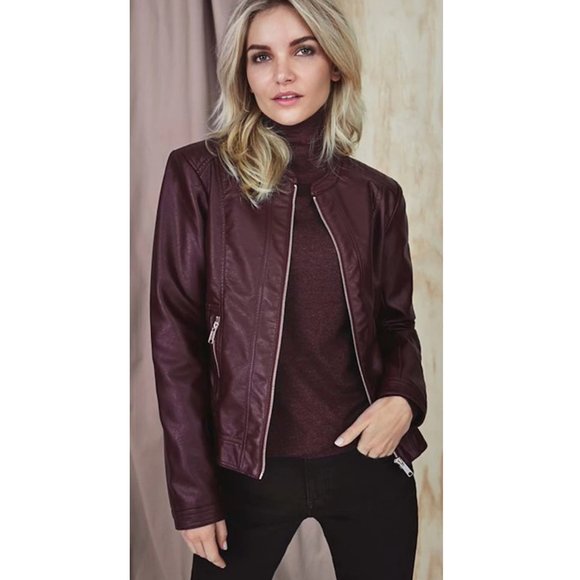 b. young Jackets & Blazers - B. Young Faux Wine-Coloured Faux Leather Jacket